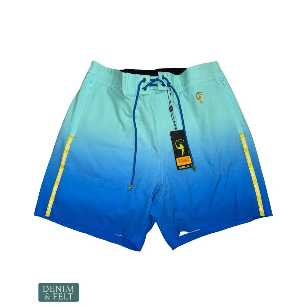 NEW Tucann Faded Ocean Swim Shorts Men Large 5 Inch Inseam Blue Teal Compression